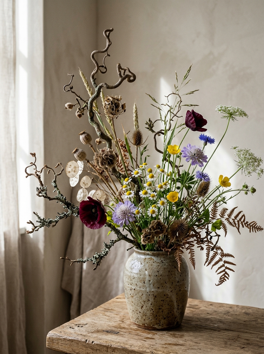 Artful sculptural floral arrangement in ceramic vase