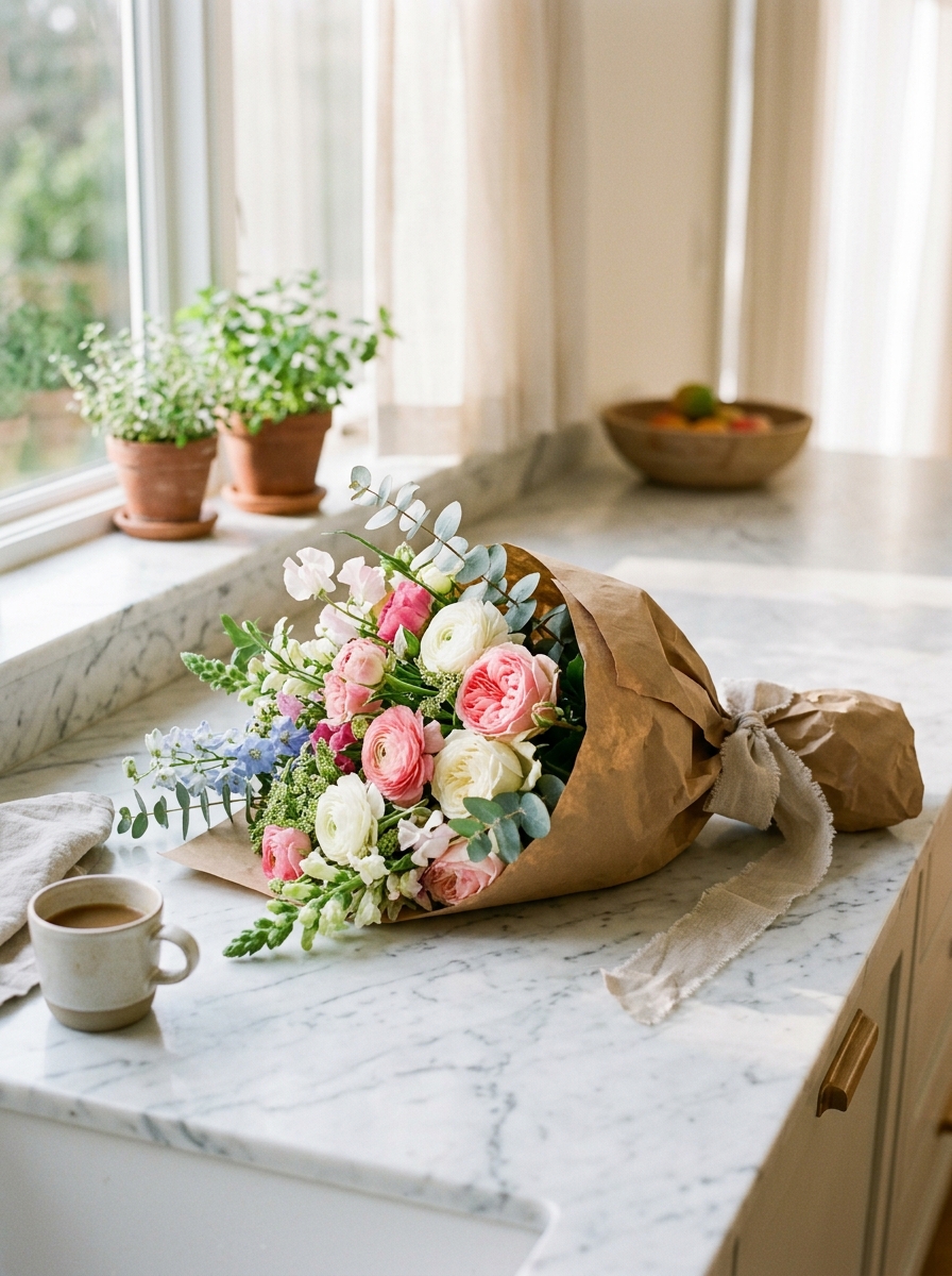 Paper wrapped floral bundle on counter
